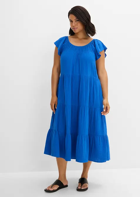 Musselin-Midikleid aus reiner Baumwolle in blau von vorne (Totalaufnahme) - bonprix