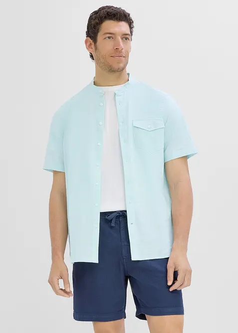 Kurzarmhemd aus Leinen-Mix in Regular Fit in blau von vorne (im Anschnitt) - bonprix
