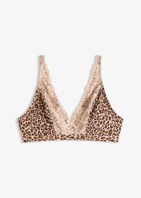 Bralette ohne Bügel mit weichem Futter und Leopardenmuster in beige von vorne - bonprix
