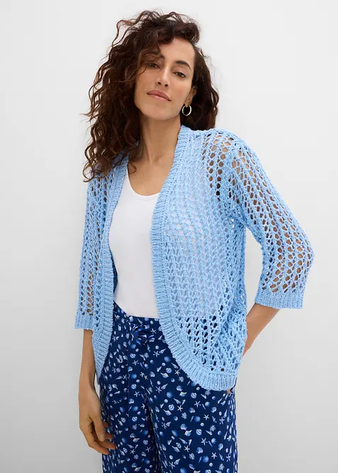 Ajour-Strickjacke mit Pailletten in blau von vorne (im Anschnitt) - bonprix