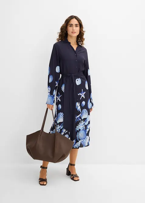 Hemdblusenkleid aus fließender Viskose in blau im Look von vorne (Totalaufnahme) - bonprix