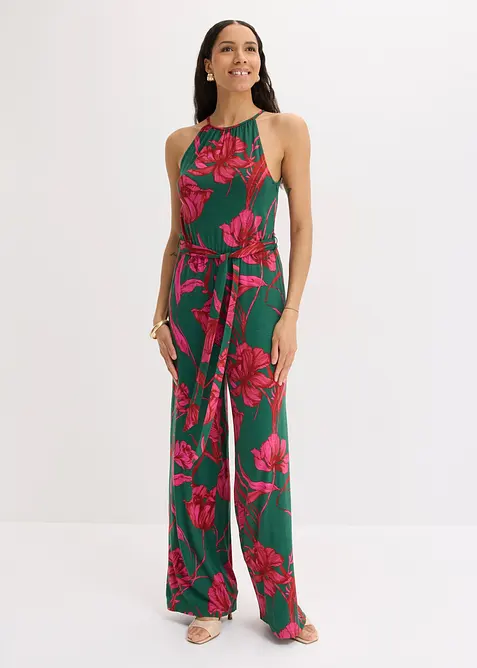 Jersey-Jumpsuit aus softem Viskose-Mix in grün von vorne (Totalaufnahme) - bonprix