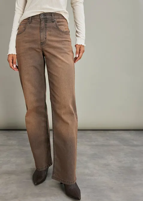 Wide-Leg-Jeans High Waist mit Vintage Waschung in braun von vorne - bonprix