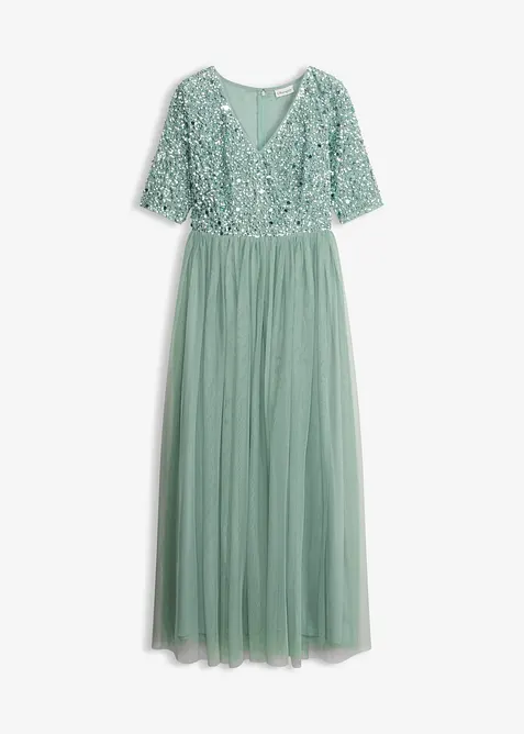 Abendkleid aus zartem Tüll mit Paillettenstickerei in grün von vorne - bonprix