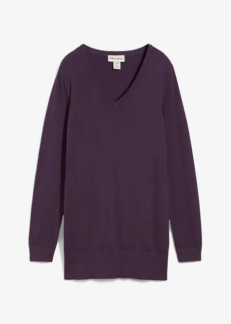 Feinstrick Longpullover mit V-Ausschnitt in lila von vorne - bonprix