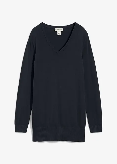 Feinstrick Longpullover mit V-Ausschnitt in schwarz von vorne - bonprix