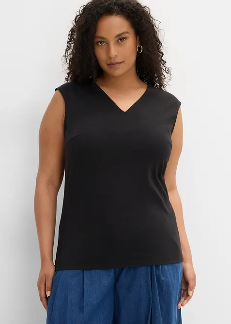 Shirt mit V-Ausschnitt mit reiner Bio-Baumwolle in schwarz von vorne (im Anschnitt) - bonprix