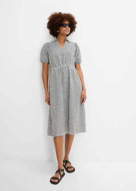 Seersucker-Midikleid aus reiner Baumwolle in schwarz im Look von vorne (Totalaufnahme) - bonprix