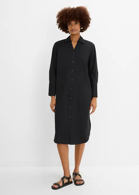 Hemdblusenkleid aus Baumwolle in schwarz von vorne (Totalaufnahme) - bonprix