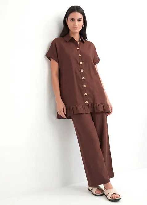 Oversize-Bluse aus Leinen-Baumwoll-Mix in braun im Look von vorne (Totalaufnahme) - bonprix