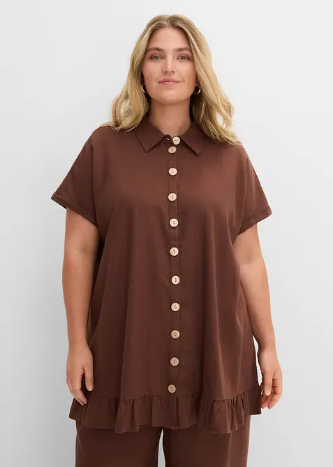 Oversize-Bluse aus Leinen-Baumwoll-Mix in braun von vorne (im Anschnitt) - bonprix