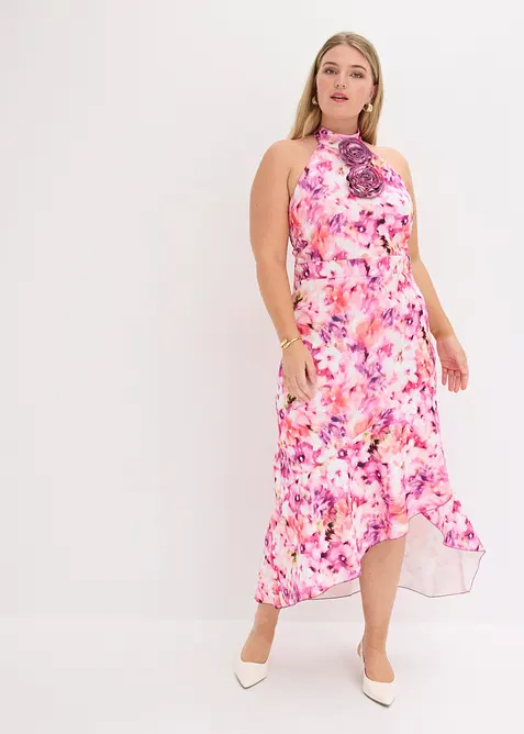 Abendkleid mit Blumen-Applikation in pink von vorne (Totalaufnahme) - bonprix