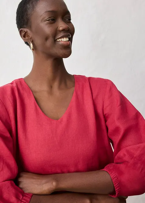 Kleid aus reinem Leinen und 3/4 Arm in rot von vorne (Totalaufnahme) - bonprix