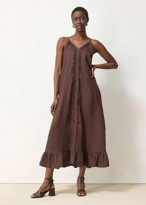 Maxikleid aus reinem Leinen in braun von vorne (Totalaufnahme) - bonprix