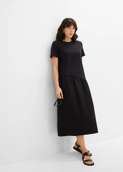 Shirtkleid aus Materialmix in schwarz im Look von vorne (Totalaufnahme) - bonprix