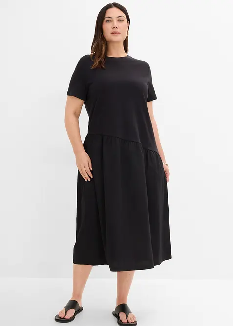 Shirtkleid aus Materialmix in schwarz von vorne (Totalaufnahme) - bonprix