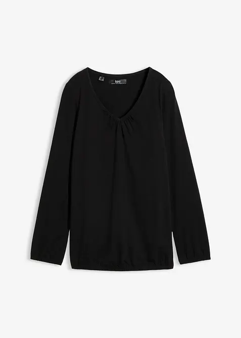 Langarmshirt mit Gummizug aus reiner Baumwolle in schwarz von vorne - bonprix