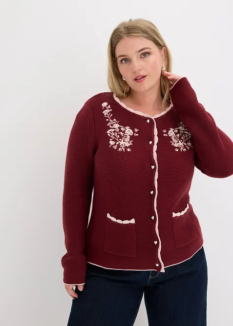 Hübsche Trachten-Strickjacke mit Stickerei in rot von vorne (im Anschnitt) - bonprix
