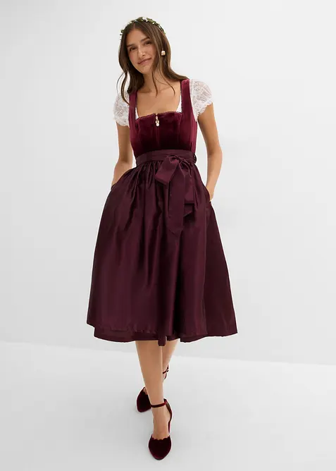 Dirndl mit Samt in Midilänge (2-tlg.Set) in rot im Look von vorne (Totalaufnahme) - bonprix