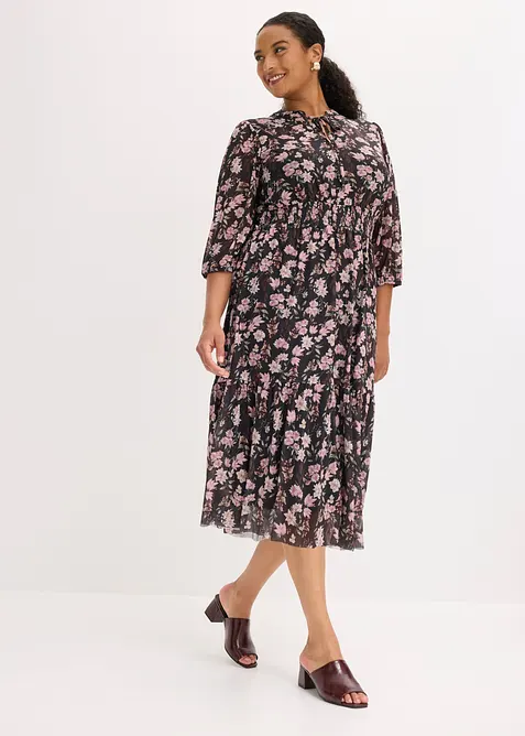 Midikleid aus feinem Mesh in schwarz von vorne (Totalaufnahme) - bonprix