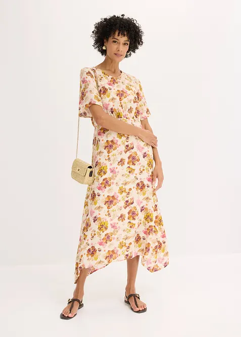 Kleid aus strukturiertem Viskose-Crepe in beige im Look von vorne (Totalaufnahme) - bonprix