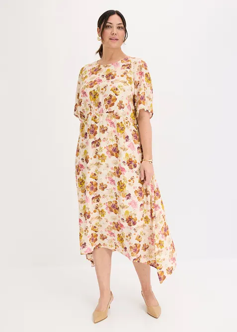 Kleid aus strukturiertem Viskose-Crepe in beige von vorne (Totalaufnahme) - bonprix