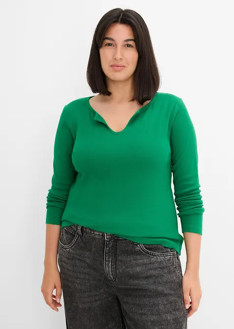 Kurzes Rippshirt mit reiner Bio-Baumwolle in grün von vorne (im Anschnitt) - bonprix