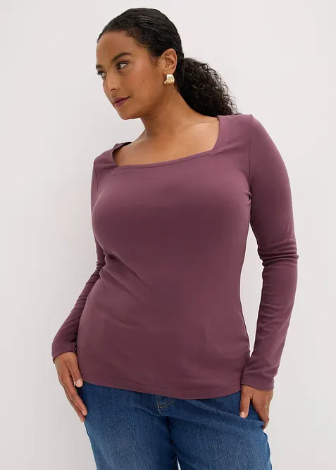 Langarmshirt mit Carré-Ausschnitt in lila von vorne (im Anschnitt) - bonprix