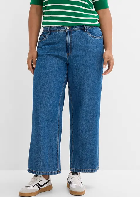 Leichte Wide-Leg-Jeans Mid Waist cropped in blau von vorne - bonprix