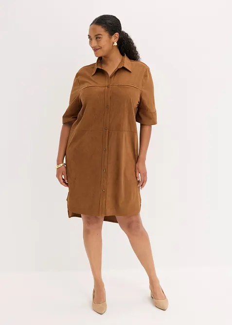 Hemdblusenkleid in Velourslederimitat in braun von vorne (Totalaufnahme) - bonprix