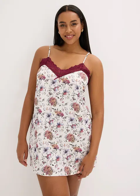 Satin Negligé mit zarter Spitze in weiß von vorne (Totalaufnahme) - bonprix