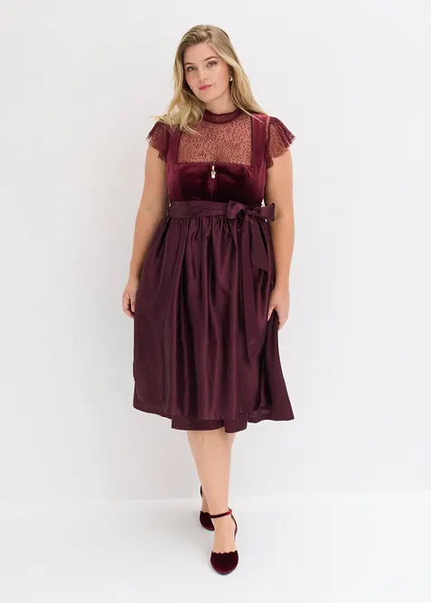 Dirndl mit Samt in Midilänge (2-tlg.Set) in rot von vorne (Totalaufnahme) - bonprix