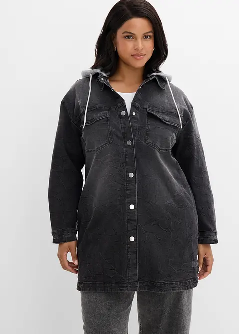 Jeansjacke mit Kapuze in schwarz von vorne (im Anschnitt) - bonprix