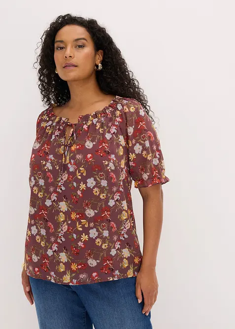 Carmen-Tunikabluse mit Bindedetail in lila von vorne (im Anschnitt) - bonprix