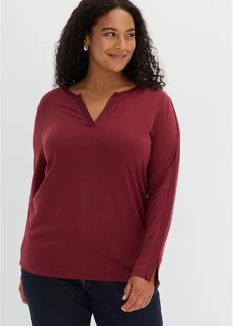 Langarmshirt mit Satinbesatz in rot von vorne (im Anschnitt) - bonprix
