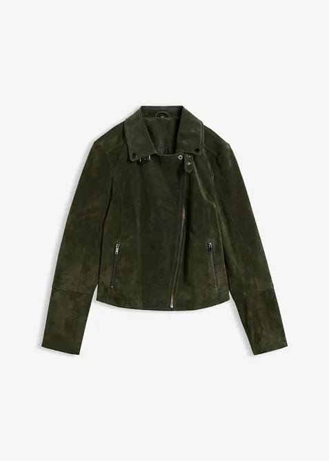 Biker-Velourslederjacke in grün von vorne - bonprix