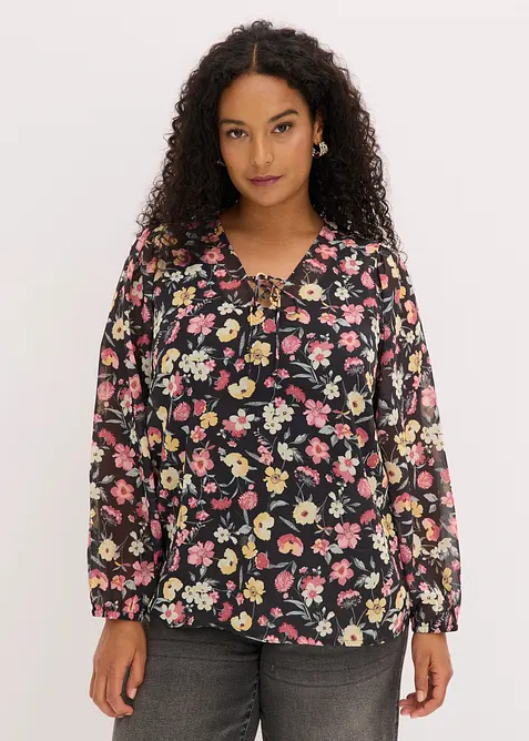 Chiffon-Tunikabluse in schwarz von vorne (im Anschnitt) - bonprix