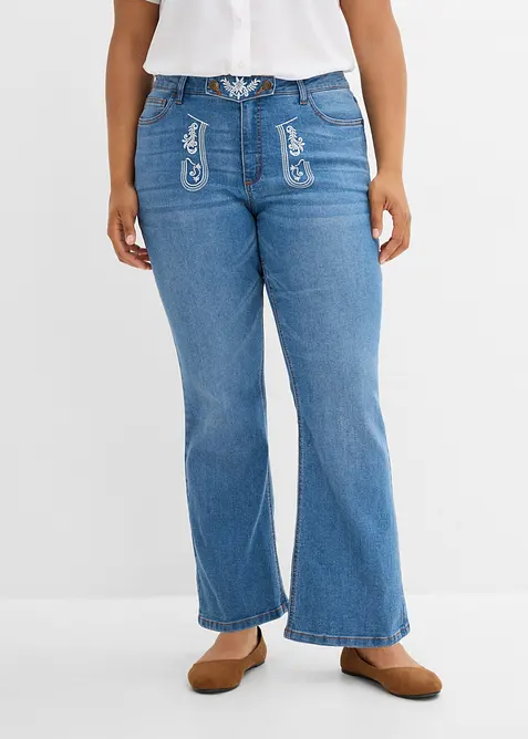 Trachten Bootcut-Jeans Mid Waist mit Stickerei in blau von vorne - bonprix