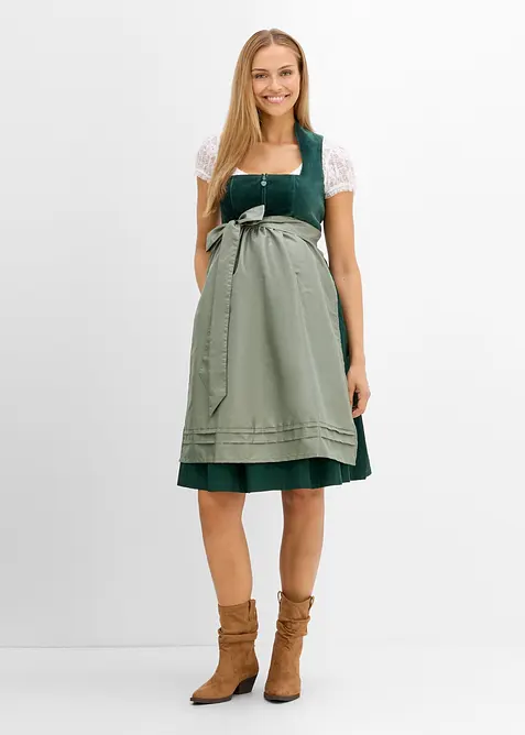 Umstands- Dirndl mit Samt-Mieder und Satin-Schürze (2-tlg.Set) in grün von vorne (Totalaufnahme) - bonprix