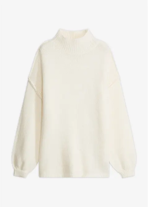 Grobstrick-Pullover mit hohem Kragen in weiß von vorne - bonprix