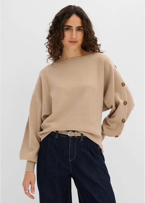 Pullover mit Knopfdetails in beige von vorne (im Anschnitt) - bonprix