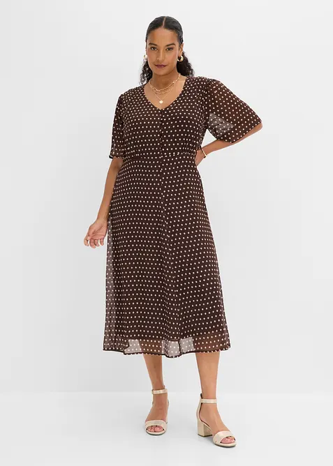 Midikleid aus strukturiertem Chiffon in braun von vorne (Totalaufnahme) - bonprix