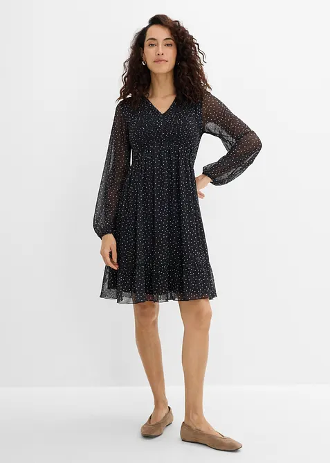 Jerseykleid aus feinem Mesh in schwarz von vorne (Totalaufnahme) - bonprix