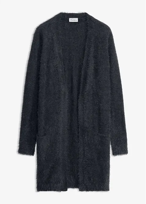 Longstrickjacke in Flauschoptik in schwarz von vorne - bonprix