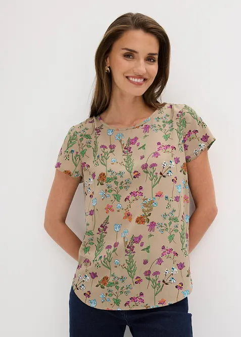 Blusenshirt mit Rundhals-Ausschnitt in braun von vorne (im Anschnitt) - bonprix