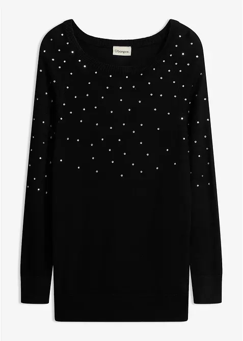 Long-Pullover mit Glitzersteinen in schwarz von vorne - bonprix