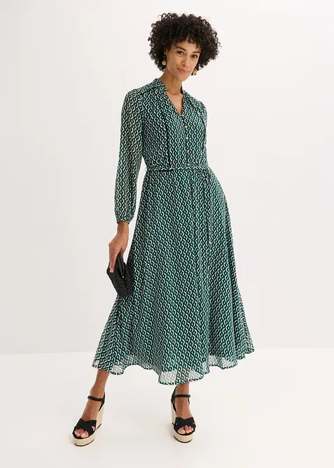 Chiffonkleid mit Kontrast-Pipings in schwarz im Look von vorne (Totalaufnahme) - bonprix