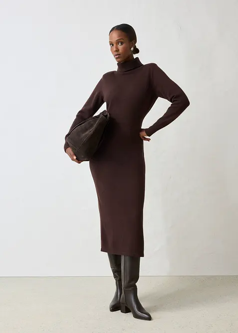 Strickkleid aus Merinowolle in braun im Look von vorne (Totalaufnahme) - bonprix