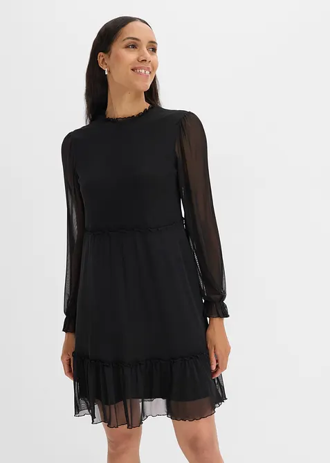Jerseykleid aus feinem Mesh in schwarz von vorne (Totalaufnahme) - bonprix