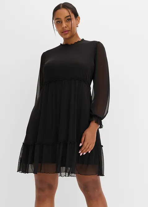 Jerseykleid aus feinem Mesh in schwarz von vorne (Totalaufnahme) - bonprix